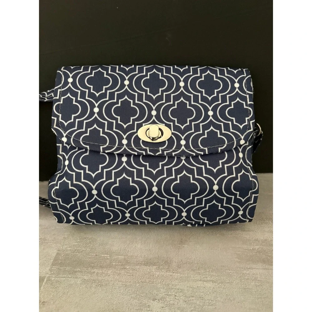 Lilly Bit Diaper Clutch Crossbody Bag Navy Blue Quatrefoil Canvas Baby Travel